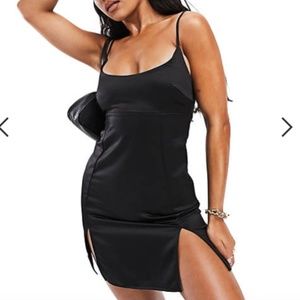 AS YOU satin square neck cami mini dress with slit front in black